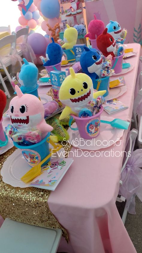 Baby Shark Birthday Party Girl Three, Baby Shark Birthday Centerpieces, Baby Shark Table Centerpiece, 2nd Birthday Party For Girl Baby Shark, Baby Shark Birthday Party Girl Decor, Baby Shark Second Birthday Girl, Baby Shark Theme Birthday Girl, Babyshark Bday Party, Baby Shark Table Decorations