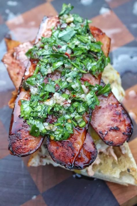 Smoked Sausage Chimichurri Sandwich Recipe - Over The Fire Cooking Chimichurri Sandwich, Over The Fire Cooking, Sausage Sandwiches, Menu Inspiration, Fire Cooking, Sandwich Recipe, Smoked Sausage, Yummy Eats, Wrap Sandwiches