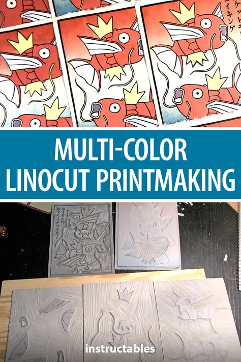 Linocut How To, Multicolor Linocut Prints, Pokemon Linocut, Multi Color Linocut, Diy Printmaking, Linocut Tutorial, Color Linocut, Middle School Projects, Woodblock Printmaking