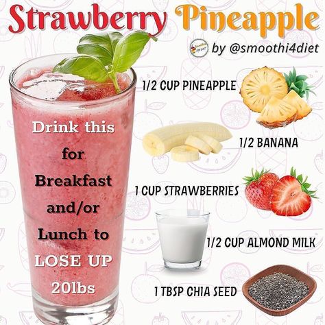 Smoothie Bounce | Weight loss on Instagram: “Strawberry Pineapple smoothie ✨If you’re looking for a complete life transformation over the next 3 weeks then you’re in the right place!…” Strawberry Pineapple Smoothie, Weight Smoothies, Pineapple Smoothie Recipes, Fruit Smoothie Recipes Healthy, Pineapple Drinks, Easy Healthy Smoothies, Life Transformation, Breakfast Smoothie Recipes, Vitamix Recipes