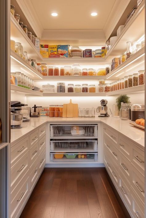 38 Kitchen Pantry Ideas: Maximizing Storage and Style Clever House Ideas, Chefs Pantry Ideas, Working Pantry Ideas, Luxury Pantry Design, Built In Pantry Ideas, Kitchen With Butlers Pantry Layout, Pantry With Freezer, Narrow Pantry Ideas, Prep Kitchen Pantry