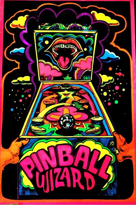 "PINBALL WIZARD"  (1975) Music Artist Poster, Pinball Art, Blacklight Posters, Pinball Wizard, Free Giveaways, Black Light Posters, Psychadelic Art, Arte Punk, Trippy Painting