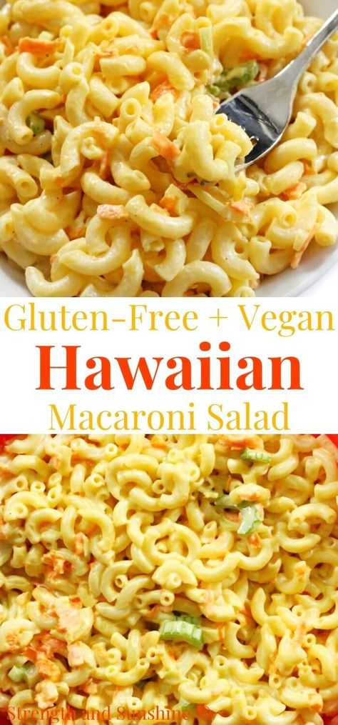 Hawaiian Macaroni Salad (Gluten-Free, Vegan) | Strength and Sunshine | Authentic Hawaiian Macaroni Salad! You're going to love this super easy recipe that's gluten-free, vegan, and allergy-free! This simple and creamy macaroni salad is slightly sweet and tangy. It's an essential addition to homemade Hawaiian lunch plates and a perfect side dish for cookouts, BBQs, and luaus! Gluten Free Macaroni Salad Recipe, Hawaiian Pasta Salad, Creamy Macaroni Salad, Salad Recipes Gluten Free, Hawaiian Macaroni Salad, Dairy Free Pasta, Macaroni Salad Recipe, Gluten Free Noodles, Special Diet