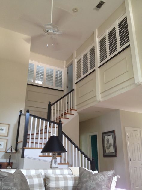 needed a way to enclose our loft area - so we used shutters! Stair Wall Decor, Loft Railing, Makeup Room Decor Small Spaces, Loft Windows, Open Loft, Loft Wall, Loft Office, Half Walls, Upstairs Loft