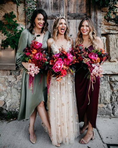 Watters Bridesmaid Dresses, Popular Bridesmaid Dresses, Women Standing, Jewel Tone Wedding, Gold Wedding Dress, Mismatched Bridesmaids, Boda Mexicana, Mismatched Bridesmaid Dresses, White Bridal