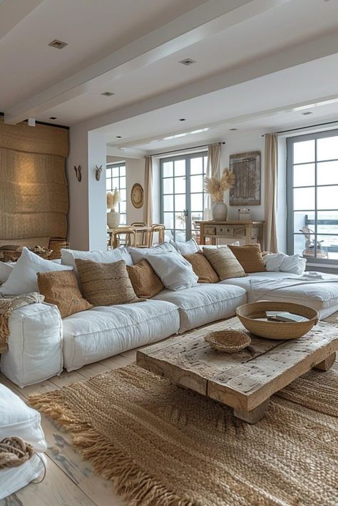 Living Room Ideas With White Walls, Coastal Cowboy Living Room, Coastal Cottage Living Room Ideas, White Couches Living Room Decor, Modern Farmhouse Couch, Boho Home Living Room, French Coastal Decor, Boho Home Decor Ideas, Modern French Cottage