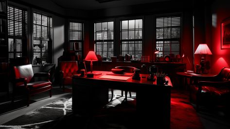 A 1940s noir detective office. style of sin city, black, white, pops of red, 32k, High definition #NoirDetectiveOffice #VintageMystery #RetroAesthetics #DetectiveCharm #FilmNoirInspired #VintageOfficeDecor #PrivateEyeVibes #OldHollywoodGlam #ClassicFilmAesthetics #VintageStyle #NostalgicVibes #SleuthingSpace #TimelessElegance #MysteriousAmbiance #VintageDecor #ClassicFilmInspiration #VintageInteriors #VintageOffice #VintageElegance #TimelessDesign #RetroChic Noir Office Aesthetic, Film Noir Detective Office, Red Detective Aesthetic, Film Noir Decor, Noir Detective Office, Vampire Office, Red And Black Office, Detectives Office, Detective Room