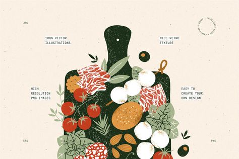 Charcuterie Projects | Photos, videos, logos, illustrations and branding on Behance Retro Food Art Illustrations, Chopping Board Illustration, Charcuterie Board Illustration, Charcuterie Illustration, Charcuterie Branding, Charcuterie Logo, Meat Texture, Food Elements, Recipe Book Design