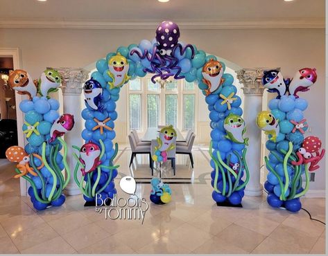 Shark Balloon, Shark Party Decorations, Baby Birthday Party Theme, Ocean Birthday Party, Shark Themed Birthday Party, Ocean Birthday, Second Birthday Ideas, Shark Birthday Party, 2nd Birthday Party Themes