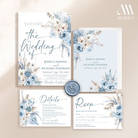 Dusty Blue Wedding Invites, Dusty Blue Invitations Wedding, Wedding Invitation Cards Blue, Blue Wedding Invitations Elegant, Dusty Blue Boho Wedding, Blue And White Wedding Theme, Dusty Blue Wedding Theme, Wedding Save The Date Ideas, Blue Wedding Invites