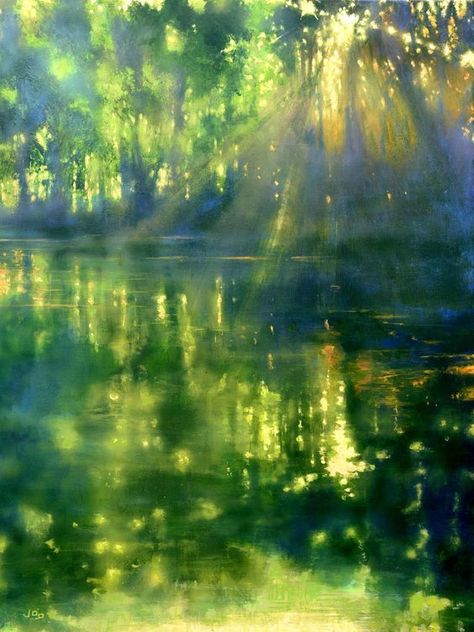 River Painting, Dappled Light, Green Paintings, Water Reflections, Abstract Art Landscape, Painting Digital, Water Painting, Green Art, Light Painting