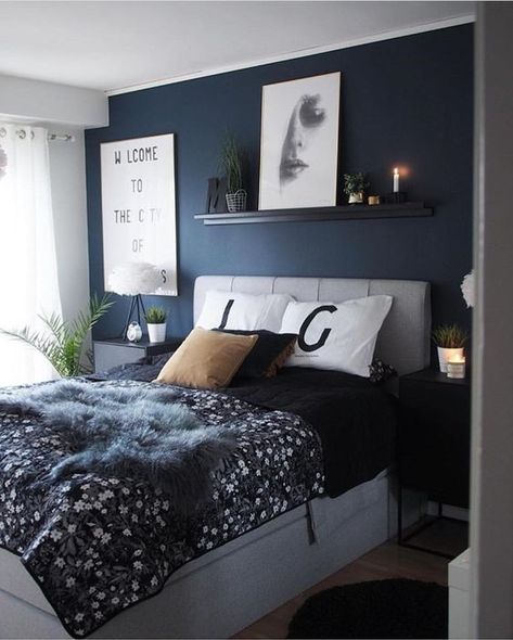 Blue Gray Bedroom, Navy Bedrooms, House Paint Color Combination, Exterior House Paint Color Combinations, Accent Wall Bedroom, Bedroom Color Schemes, Bedroom Paint Colors, Trendy Bedroom, Gray Bedroom