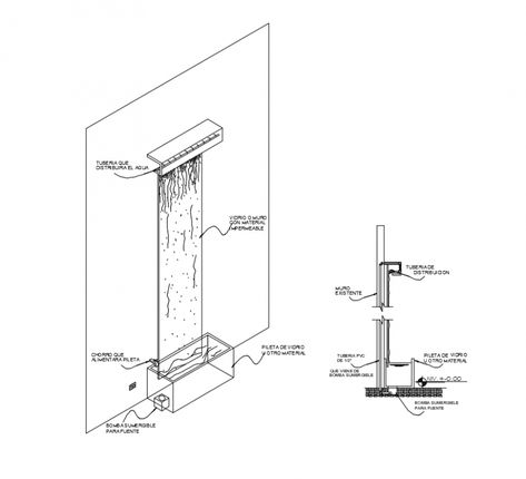 Wall with waterfall detail dwg file. .A waterfall is a place where water flows over a vertical drop in the course of a Wall Making.Wall Structure with water fall Detail autocad format. Outdoor Water Wall, Water Wall Diy, Water Scape, Indoor Waterfall Wall, Wall Structure, Outdoor Wall Fountains, Water Wall Fountain, Plan 2d, Water Fountain Design