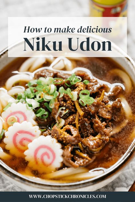 Niku udon is a comforting and delicious bowl of udon noodles topped with savoury-sweet thinly sliced beef and other toppings. #nikuudon #beefudon #beefudonnoodlesoup #japanesenoodles #Japaneseudonnoodlerecipe #udonnoodlerecipe #nikuudonrecipes Niku Udon Recipe, Beef Udon Soup, Beef Udon Noodles, Udon Soup Recipe, Beef Udon, Japanese Noodle Dish, Udon Noodles Recipe, Japanese Udon, Japanese Meals