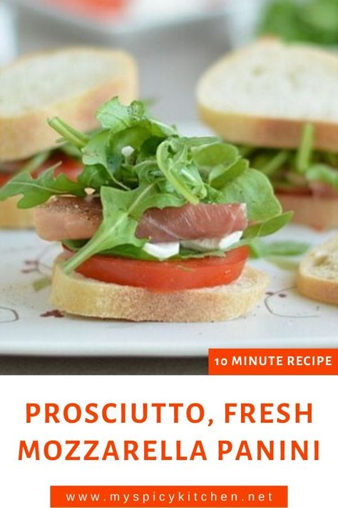 Prosciutto mozzarella sandwich or panini is a 10 minute appetizer and a light meal.  Crusty Italian bread with fresh mozzarella, good quality prosciutto and extra virgin olive oil along with some arugula and tomatoes is all you need for this delicious Italian sandwich.  #PaniniRecipe #ItalianSandwich #MySpicyKitchen International Appetizers, Mozzarella Panini, Crusty Italian Bread, Prosciutto Mozzarella, Beef Appetizers, Mozzarella Tomato, Mozzarella Sandwich, Healthy Sandwich Recipes, Fantastic Recipes