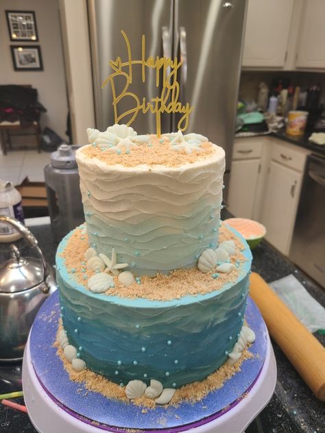 Birthday Cake Ocean, Beach Themed Birthday Party, Ombre Ruffle Cake, Cake Ocean, Beach Theme Cake, Beach Theme Birthday Party, Ocean Birthday Cakes, Summer Birthday Cake, Beach Birthday Cake