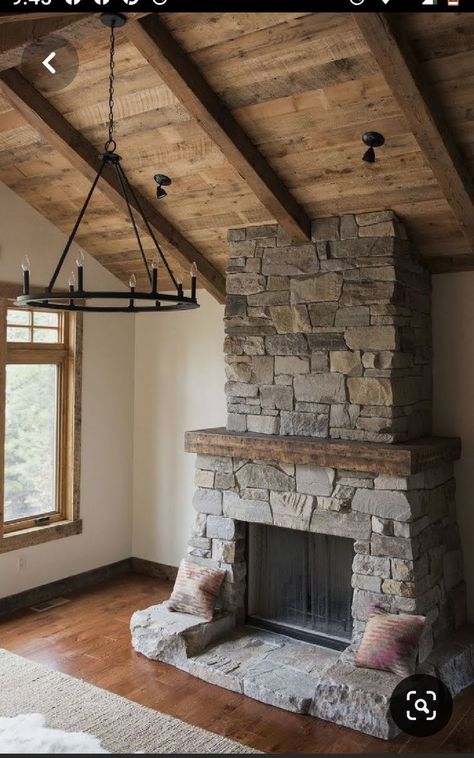 Stone And Wood Fireplace, Stone And Wood, Wood Fireplace, Stone Fireplace, Decorating Ideas, Dream House, Fireplace, Flooring, Stone