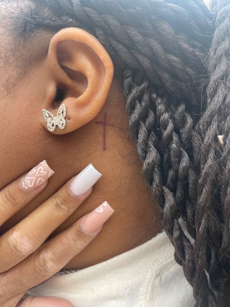 Small Cute Tattoos On Black Women, Red Cross Tattoo Behind Ear, Cross Behind Ear Tattoo Black Women, Cute Behind The Ear Tattoos Black Women, Red Cross Behind Ear Tattoo, Cross Tattoos For Women Behind The Ear, Cross Behind Ear Tattoo, Red Cross Tattoo, Cross Behind Ear