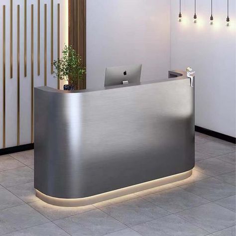 Brayden Studio® Bonnibelle 2 Person Rectangular Laminate Reception Desk | Wayfair Small Reception Desk Design Modern, Small Reception Desk Design, Small Reception Table, Stainless Steel Reception Desk, Cabinet Laminate, Company Reception, Laminate Reception Desk, Small Reception Desk, Steel Company