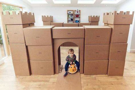 Sandcastle from boxes. Cardboard Box Castle, Cardboard Box Fort, Moving With Kids, Cardboard Forts, Box Fort, Cardboard Castle, Castle Decor, Cardboard Box Crafts, Beach Themed Party