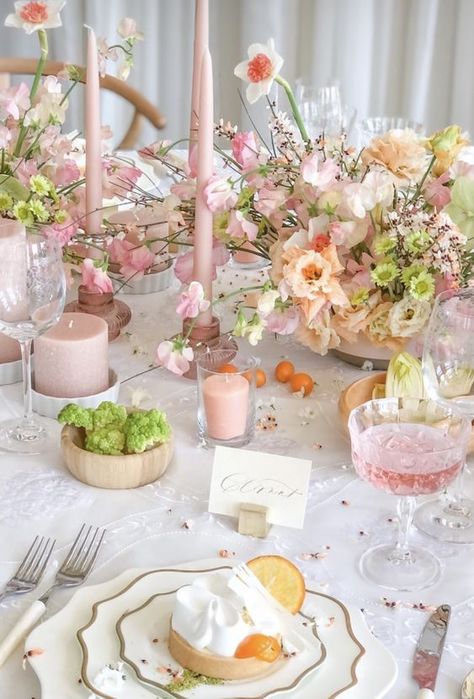 Mail Inspired 2023, Floral Bridal Shower Table Setting, Garden Dinner Party Table Setting, Summer Tablecloth Ideas, Table Decorations Bachelorette Party, Pink And Sage Table Decor, Floral Bridal Shower Decorations Table Centerpieces, Love Is In Bloom Bridal Shower Table Decor, Garden Pastel Wedding