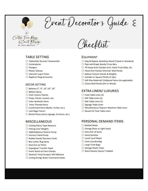 Event Decorator's Checklist pocketplanner #kidplannerprintable #dailystudyplanner🏷️. Party Supplies Checklist, Event Checklist, Decor Checklist, Party Planning Checklist, Party List, Party Checklist, Event Planning Checklist, Pipe And Drape, Checklist Template