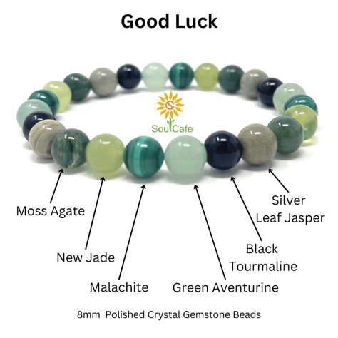 Good Luck Crystals Stones, Crystal Bracelet Ideas, Crystals For Good Luck, Gem Stone Bracelet, Crystals For Luck, Green Gemstone Bracelet, Gemstones Chart, Crystal Healing Chart, Semi Precious Stone Bracelet