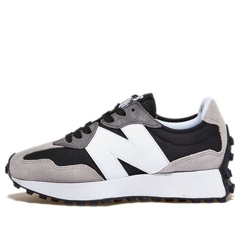 The New Balance 327 'Black White' is a modern take on a classic silhouette. With bold reinterpretation of the iconic wedge shape, oversized 'N' branding and a trail-inspired outsole, this sneaker is perfect for those who want to make a statement. The black, grey and white colorway adds a subtle yet stylish touch to the design, making it the perfect choice for those who want to stand out from the crowd. The rubber sole provides superior cushioning and comfort, making it ideal for running, walking Shoes For Work Women, New Balance 327 Black, Shoes For Work, Work Women, Shoe Storage Solutions, Fitness Outfits, New Balance 327, Cute Sneakers, Stylish Boots