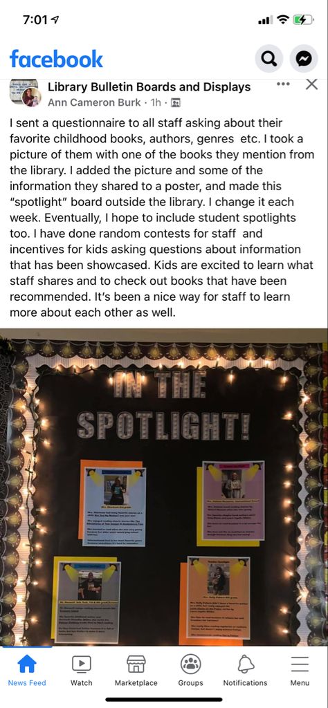 Funny Staff Bulletin Boards, Teacher Spotlight Bulletin Boards, Staff Spotlight Bulletin Board, Employee Spotlight Board Ideas, Student Spotlight Bulletin Board, Spotlight Bulletin Board, Teacher Spotlight, Faculty Lounge, Staff Bulletin Boards