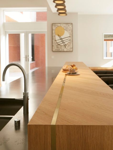 Kitchen countertop with wood counters and brass inlay Walnut Worktop, Timber Benchtop, Wood Counters, Metal Countertops, Boston House, Gaggenau Appliances, Timber Kitchen, Wood Worktop, Kitchen Island Bench