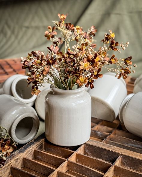 Stoneware crocks from England previously used as a container for mustard (oh how times have changed) and now just a lovely vase for florals, a way to corral spoons by the stove, a simple piece to add to your shelving….. Decorating With Vintage Crocks, Decorating With Old Crocks, Crocks Decor Ideas, Crocks Decor, Crock Decor, Vintage Crocks, Old Crocks, Vintage Crock, Stoneware Crocks