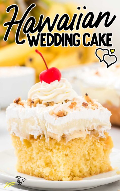 a slice of Hawaiian wedding cake topped with walnuts, cool whip, and a cherry on a plate Hawaiian Wedding Cake Recipe, Hawaiian Wedding Cake, Hawaiian Desserts, Hawaiian Cake, Banana Pudding Cake, Fluffy Frosting, Wedding Cake Recipe, Poke Cakes, Vanilla Cake Recipe