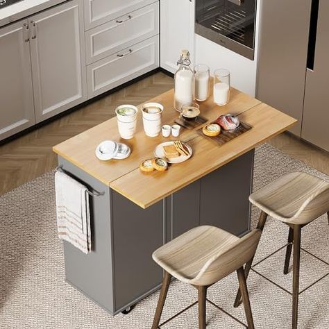 Shintenchi Rolling Kitchen Island Cart with Folding Drop Leaf Breakfast Bar, Portable Trolley Island with Large Storage Cabinet, Shelf and Drawer, Gray Kitchen With Portable Island, Kitchen With Moveable Island, Folding Breakfast Bar, Portable Kitchen Island Ideas, Rolling Island Kitchen, Kitchen Island Portable, Small Kitchen Island With Seating, Movable Kitchen Island, Moveable Kitchen Island