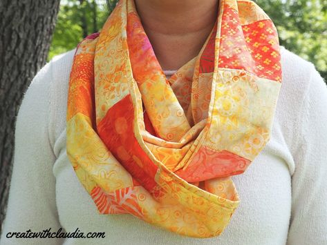 Patchwork Infinity Scarf Pattern - Create with Claudia Fabric Decoupage, Infinity Scarf Pattern, Ribbon Quilt, Yellow Quilts, Scrap Fabric Projects, Quilting Studio, Fabric Yardage, Easy Quilts, Fabric Projects