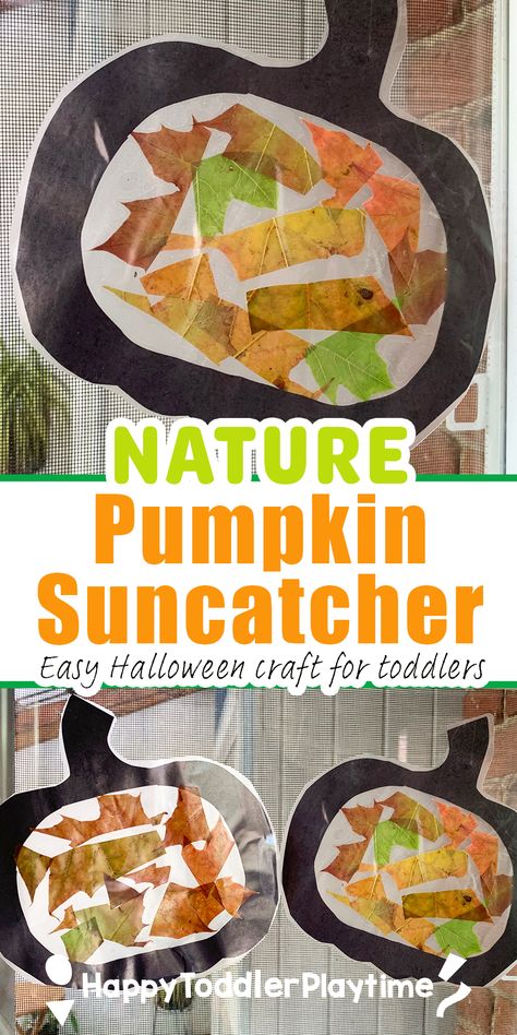 Nature Pumpkin Suncatcher Craft for Kids - Happy Toddler Playtime Pumpkin Toddler Crafts, Pumpkin Suncatcher Craft, Pumpkin Crafts For Toddlers, Pumpkin Tissue Paper Suncatcher, Pumpkin Sun Catchers For Kids, Real Leaf Suncatcher For Kids, Halloween Suncatchers, Fall Leaf Suncatcher, Kindergarten Halloween Party