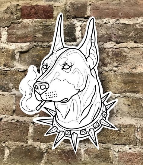 Retro Tattoo Sketches, Doberman Tattoo Design, Traditional Tattoo Outline, Traditional Tattoo Stencils, Sam King, Doberman Tattoo, Traditional Tattoo Old School, Tattoo Coloring Book, Petit Tattoo