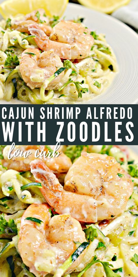 Shrimp With Zoodles Recipe, Shrimp Meal Prep Healthy Low Carb, Shrimp With Zoodles, Healthy Cajun Meals, Low Carb Shrimp Alfredo, Zoodles With Shrimp, Zoodle Dinner Recipes, Zoodle Meal Prep, Low Calorie Zoodle Recipes