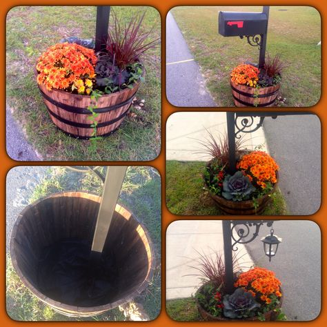 Whiskey Barrel Planter! I wanted to make the mailbox area look pretty, but didn't want the same old flowerbed so this is what I came up with.....removed the bottom of the barrel filled it halfway with soil planted some (Tulip Bulbs for next spring) and then planted the rest of the Fall Plants -Mum, ornamental pepper, Ornamental Cabbage  & Kale, ivy, pansy and Red Fountain Grass. lots of color and beauty! ( Oh yeah a solar lanter for light). Red Fountain Grass, Mailbox Planter, Mailbox Flowers, Whiskey Barrel Planter, Mailbox Garden, Mailbox Makeover, Mailbox Landscaping, Ornamental Cabbage, Mailbox Decor