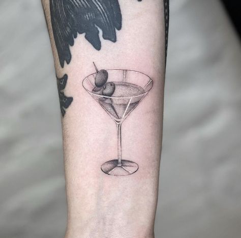 American Traditional Martini Tattoo, Martini Tattoo Design, Coupe Glass Tattoo, Dirty Martini Tattoo, Martini Glass Tattoo, Martini Tattoo, Cocktail Tattoo, Speakeasy Tattoo, First Tattoo Ideas