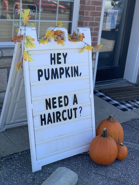 Walk Ins Available Today Salon, Halloween Hair Salon Decor, Salon Signage Ideas, Fall Hair Promotions, Walk Ins Welcome Sign Salon, Hair Salon Fall Decor, Fall Decor Ideas For Hair Salon, Halloween Hair Salon Quotes, Hair Salon Signs Ideas Outdoor