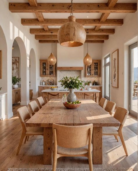 Bali Style Dining Room, Spanish Modern Interior, Neutral Dining Room, Farmhouse Trends, Coastal Farmhouse Decor, Mediterranean Interior, Mediterranean Home, Dining Room Inspiration, Farmhouse Dining Room