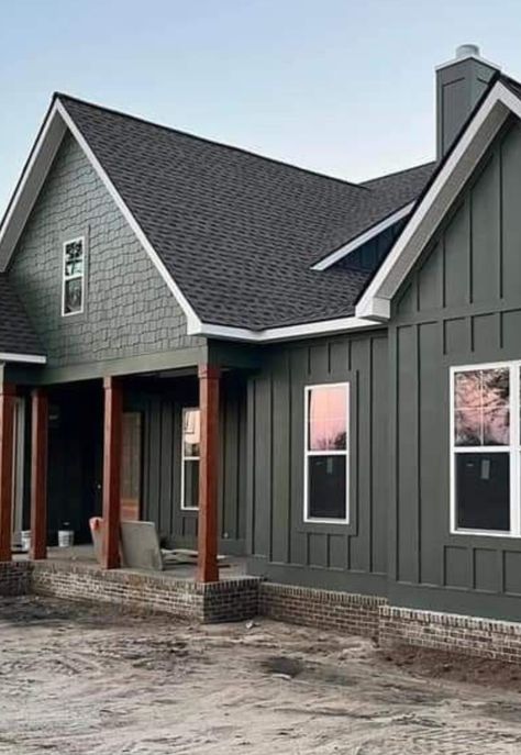 Grey House White Windows, Gray Hardy Board Houses, Cedar Accent Wall Exterior, House Colors Exterior Vinyl Siding, Dark Siding With White Windows, Grey Ranch House, Grey Exterior White Trim, Dark Sage Green House Exterior, Eucalyptus Exterior House Color