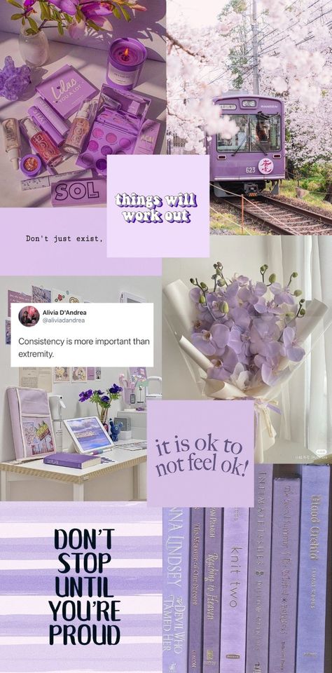 Purple Aesthetic Collage Pictures, Purple Study Aesthetic Wallpaper, Pastel Vision Board Aesthetic, Purple Vision Board Wallpaper, Purple Theme Wallpaper Iphone, Lavender Vision Board, Purple Vision Board Ideas, Lilac Aesthetic Wallpaper Iphone, Soft Lavender Aesthetic Wallpaper