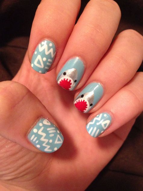 Shark Themed Acrylic Nails, Shark Nails Designs, Shark Nail Ideas, Shark Nails Art, Cute Shark Nails, Shark Themed Nails, Animal Nail Ideas, Shark Inspired Nails, Ocean Nails Short