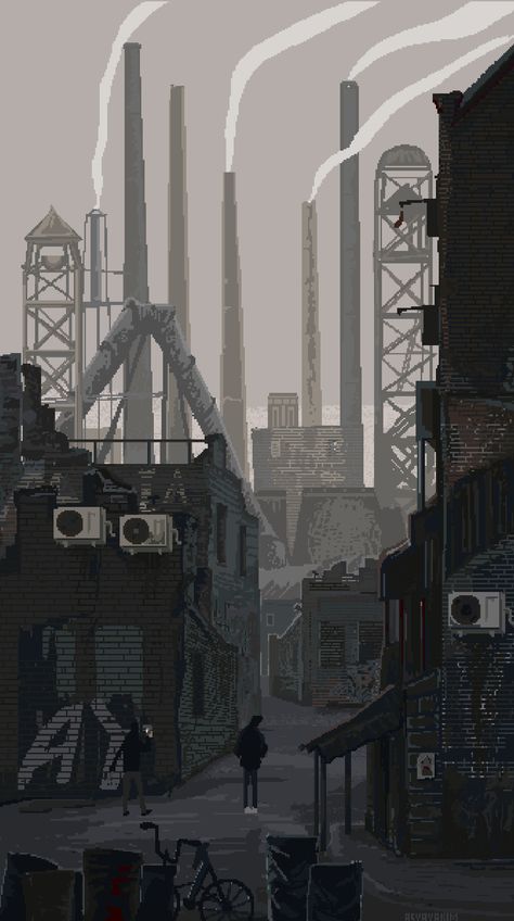 Pixel Art City Gif, Industrial Pixel Art, Pixel Art Brick Wall, Cozy Pixel Art Wallpaper, Dark Pixel Art Wallpaper, Pixel Art Video Games, Dark Pixel Art, Cyberpunk Pixel Art, City Pixel Art