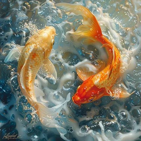 ↑↑↑ Larger size on website 🔸 Two koi fish, one orange and one white, swim in a circular motion. The orange fish is on top, while  🔸 From Midjourney AI Image Orange Koi Fish, Two Koi Fish, Inspo Drawing, Koi Fish Swimming, Orange Koi, Blue Koi, White Swim, Orange Fish, Animal References