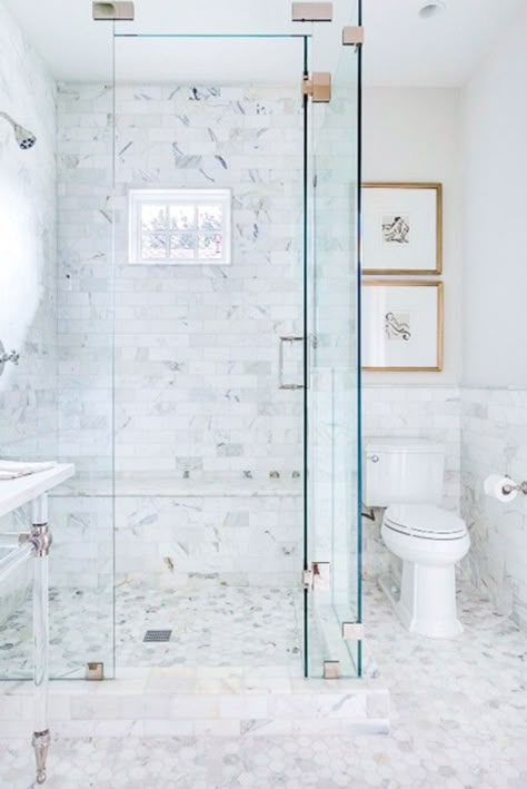 10 Walk-In Shower Ideas That Wow | Sarah Sarna | A Lifestyle Blog Frameless Glass Shower Enclosure, Marble Bathroom Floor, Styl Hampton, White Marble Bathrooms, Marble Floors, Glass Shower Enclosures, Bad Inspiration, Sarasota Florida, Bathroom Floor Tiles