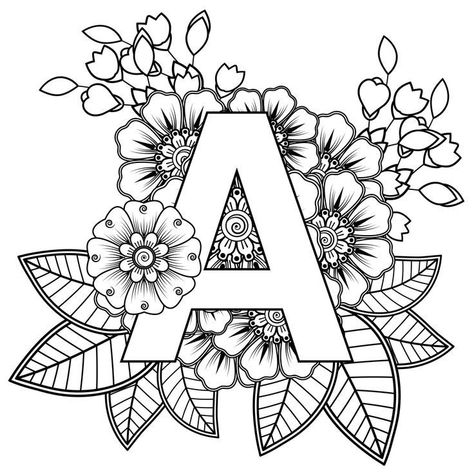 A Letter Drawing Design, Letter A Drawing Design, A Coloring Pages Letter, A Letter Drawing, Letter A Drawing, Letter A Coloring Pages, Mehndi Flower, Doodle Art Letters, Coloring Letters