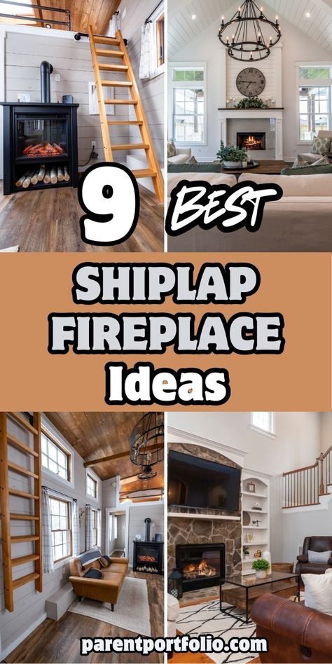 Image showcases nine creative shiplap fireplace ideas in cozy living spaces. Highlights include a modern farmhouse aesthetic, rustic wood textures, stone accents, and chic white shiplap designs. Text "9 Best Shiplap Fireplace Ideas" is displayed in bold fonts, emphasizing inspiration for both traditional and contemporary home decor styles. Perfect for anyone looking to update their living room or add warmth to their space with stylish fireplaces. Stained Wood Shiplap Fireplace, Dark Shiplap Fireplace With Wood Mantle, Shiplap Wall Around Fireplace, Rustic Fireplace Mantels Farmhouse Style, Nickel Gap Fireplace, Farmhouse Fireplace With Hearth, Shiplap Wood Burning Fireplace, Fireplace Ship Lap, Shiplap Farmhouse Living Room