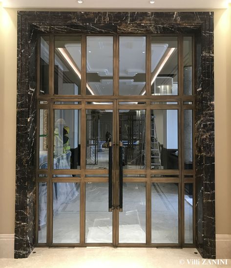 Bronze door, hospitality design, patinated bronze, squares pattern grille Bamboo Store, Restaurant Door, Restaurant Entrance, Luxury Hotel Design, Glass Door Design, Biltmore Hotel, Hotel Inspiration, Entry Design, Hotel Entrance